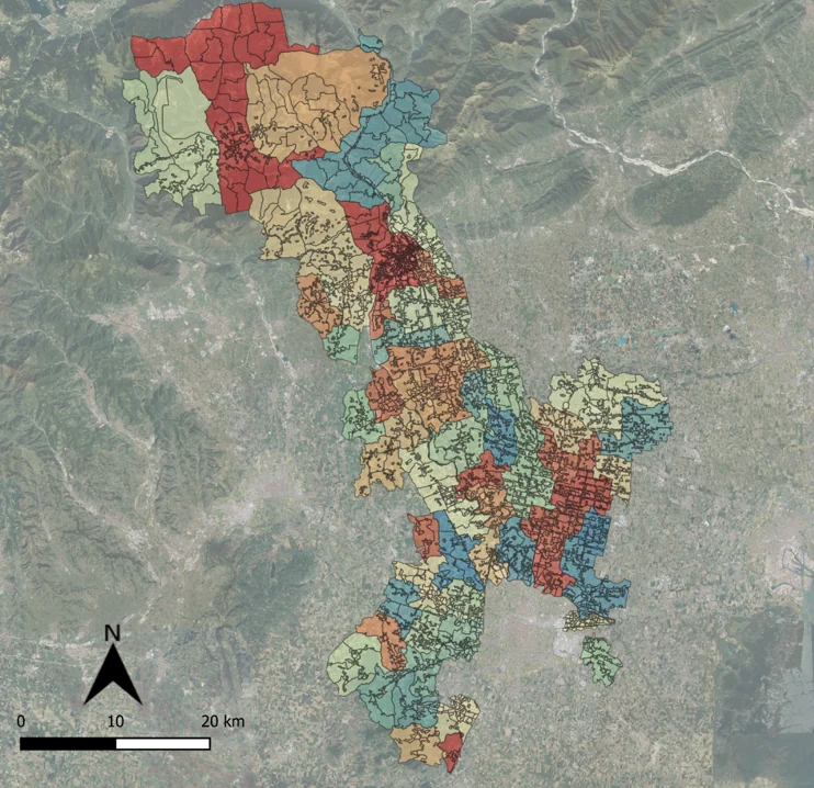 Map of the Veneto water-network project area showing the spatial subdivision of the analysed network.